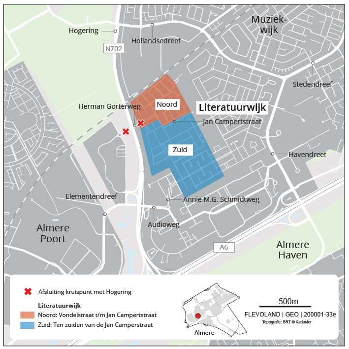 Bewoners van de Literatuurwijk noord (rode gebied) en zuid (blauwe gebied) krijgen te maken met omleidingsroutes